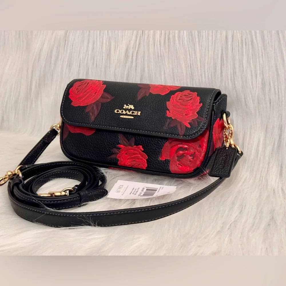 NWT Coach Floral Print Hailey Flap Crossbody Bag CCF74 in Black/Red - Picture 7 of 15